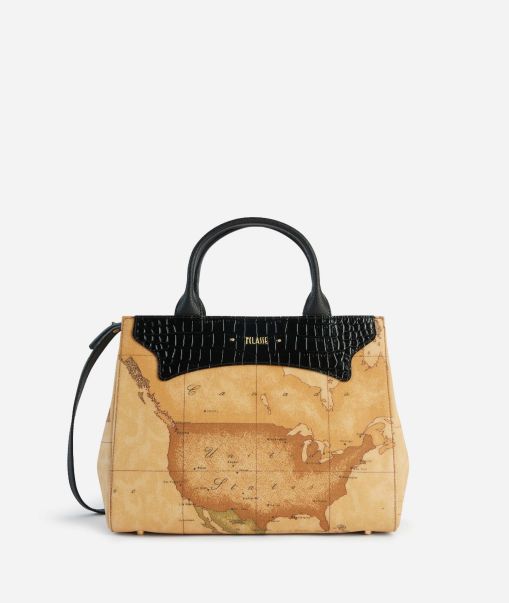 Women Geo Exotic Handbag With Crossbody Strap Black Charming Top Handle Bags Alviero Martini