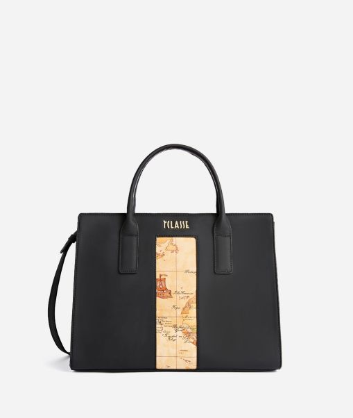 Geo Joy Rubberised Fabric Handbag With Shoulder Strap Black Top Handle Bags Sale Women Alviero Martini