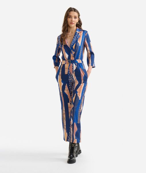 Women Geo-Metric Printed Twill Jumpsuit With Belt Dark Blue Efficient Dresses Alviero Martini