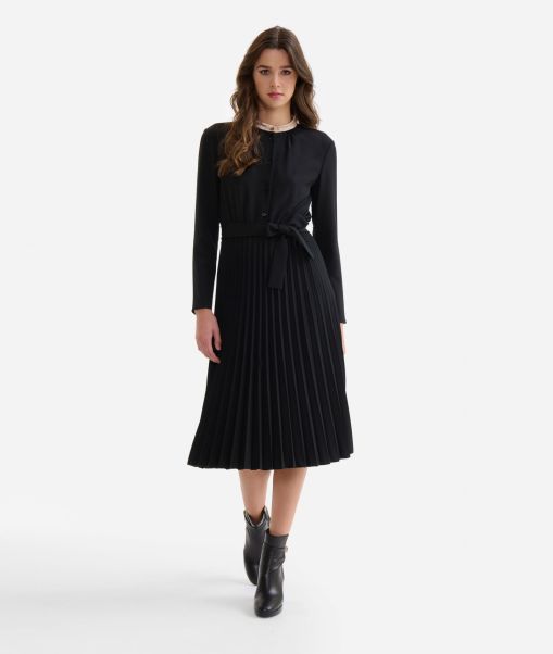 Alviero Martini Quality Women Winter Cady Dress With Pleated Skirt Black Dresses