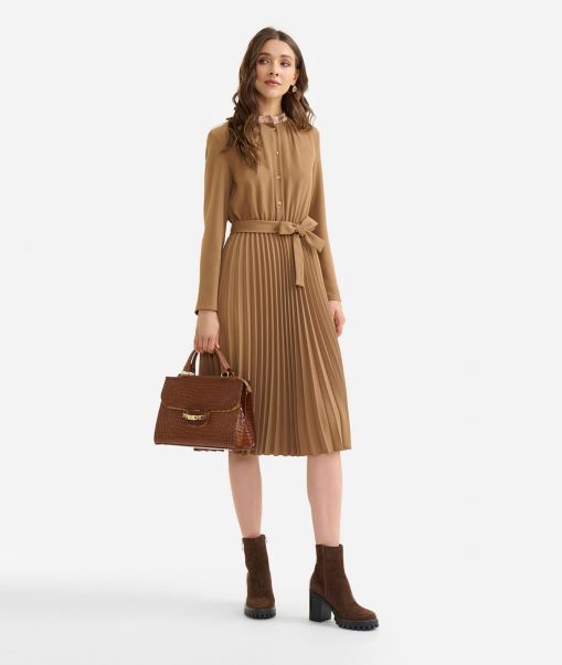 Alviero Martini Fashionable Winter Cady Dress With Pleated Skirt Camel Dresses Women