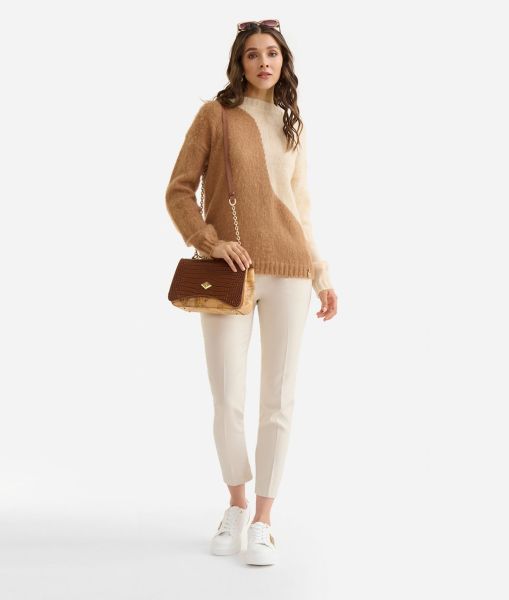 Women Intarsia Sweater With Wave Motif In Mohair Wool Yarn Beige And Camel Unbelievable Discount Alviero Martini Knitwears, Shirts & Tops