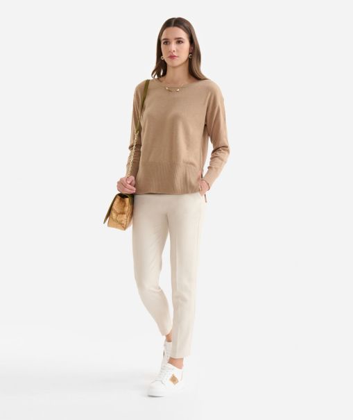 Women Knitwears, Shirts & Tops Innovative Crew-Neck Sweater With Slits In Cashmere Blend Yarn Camel Alviero Martini