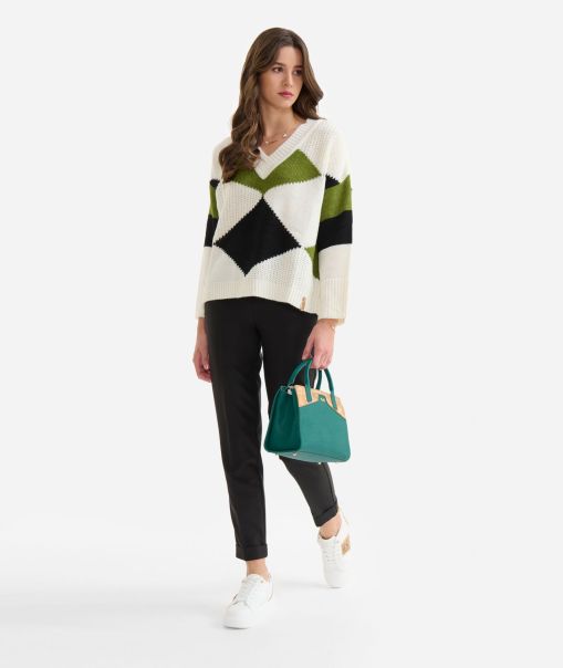 Mixed Stitch Sweater With Diamond Pattern In Mohair Wool And Alpaca Blend Ivory Women Innovative Knitwears, Shirts & Tops Alviero Martini