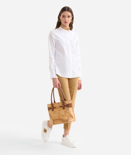 Women Knitwears, Shirts & Tops Stretch Cotton Poplin Shirt With Frills White Alviero Martini Bargain