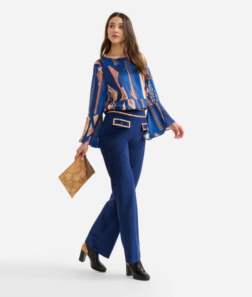 Twill Blouse With Bell Sleeves With Geo-Metric Print Dark Blue Knitwears, Shirts & Tops Alviero Martini Women Trusted