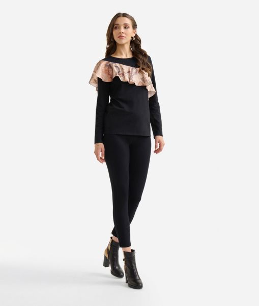 Stretch Cotton Jersey T-Shirt With Flounce Black Alviero Martini Elegant Women Knitwears, Shirts & Tops