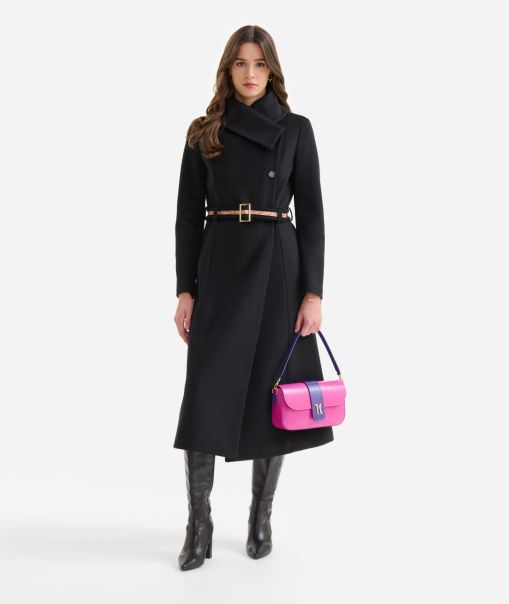 Coats & Jackets Women Alviero Martini Long Velour Coat With High Collar Black Lowest Price Guarantee