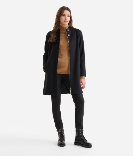 Midi-Length Velour Coat With Belt Black Slashed Coats & Jackets Women Alviero Martini