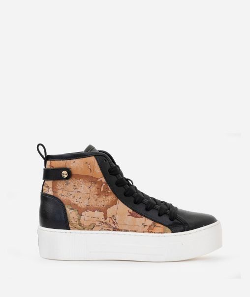 Smooth Leather High Top Sneakers With Geo Classic Print Inserts Black Efficient Alviero Martini Sneakers Women
