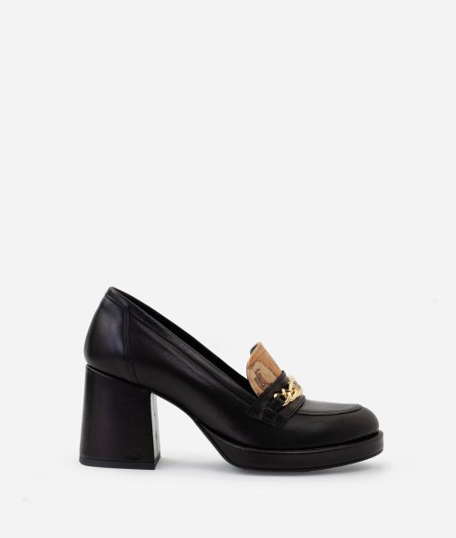 Performance Women Pumps Smooth Nappa Leather Loafers With Heel And Chain Detail Black Alviero Martini