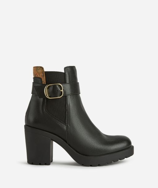 Smooth Leather Ankle Boots With Logo Buckle Black Boots & Booties Alviero Martini Women Dynamic