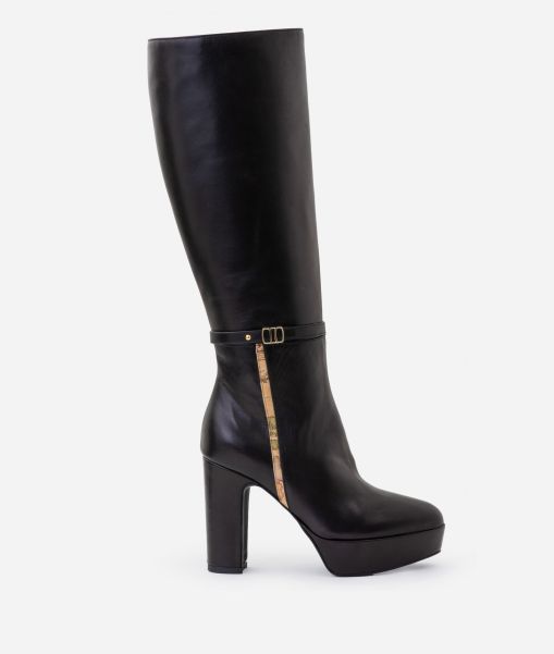 Comfortable Women Smooth Nappa Leather High Boots With Strap Black Alviero Martini Boots & Booties