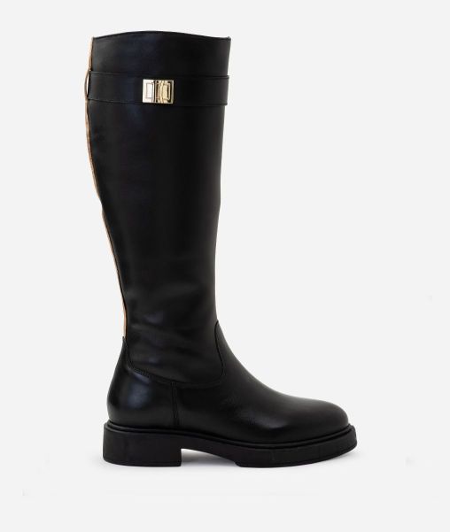 Alviero Martini Women Smooth Leather High Boots With Logo Plate Black Boots & Booties Ergonomic