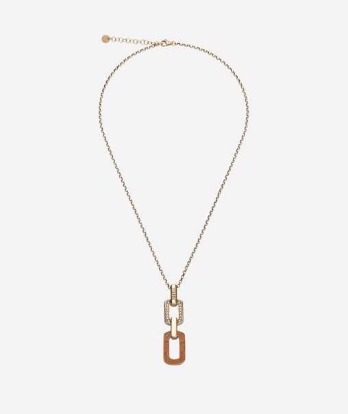 Alviero Martini Women Jewelry Tailored Rodeo Drive Pendant Necklace With White Zircons And Geo Print Leather Insert Dipped In Yellow Gold