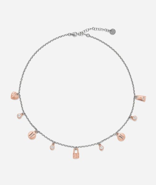 Women Alviero Martini Top-Notch Rambla Necklace With Rose Gold Plated Charms In Silver Jewelry