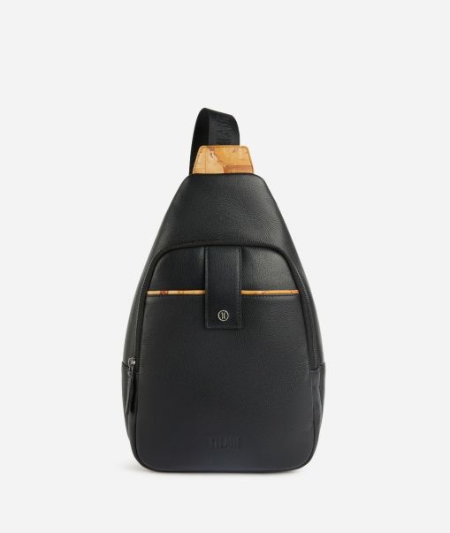 Men Leather One-Shoulder Backpack Black Alviero Martini Briefcase Tough