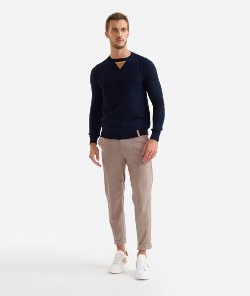Men Alviero Martini Wool Blend Crewneck Sweater With Patches Night Blue Knitwears, Shirts & T-Shirts Store