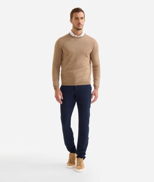Contemporary Men Wool Blend Crewneck Sweater With Patches Walnut Alviero Martini Knitwears, Shirts & T-Shirts