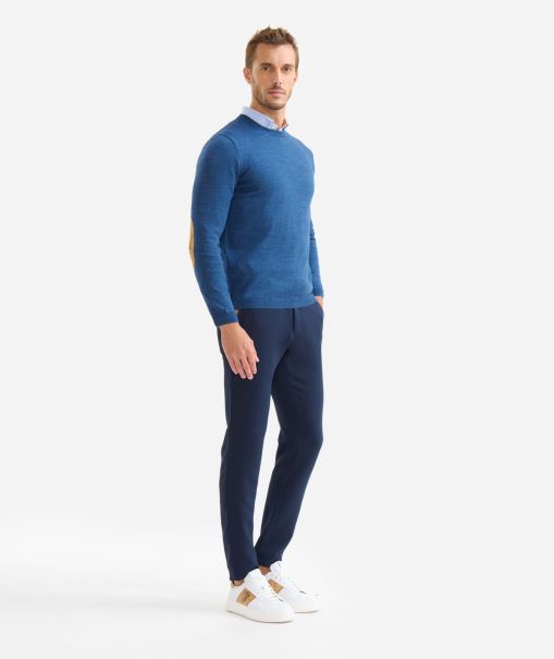 Alviero Martini Men Knitwears, Shirts & T-Shirts Wool Blend Crewneck Sweater With Patches Denim Relaxing