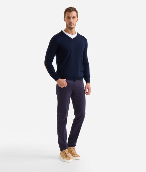 Wool Blend V-Neck Sweater With Elbow Patches Night Blue Knitwears, Shirts & T-Shirts Professional Men Alviero Martini