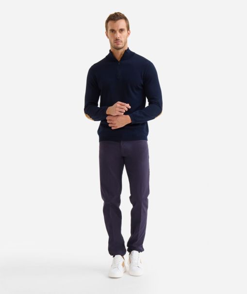 Accessible Alviero Martini Men Wool Blend Zip-Neck Sweater With Patches Night Blue Knitwears, Shirts & T-Shirts