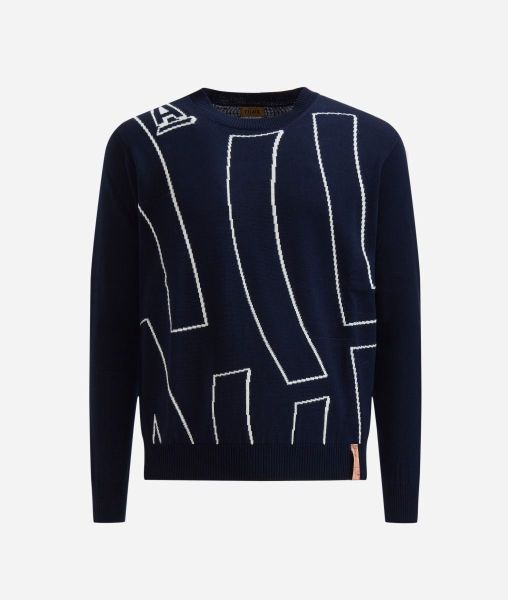 Wool Blend Crewneck Sweater With Logo Embroidery Night Blue Contemporary Alviero Martini Men Knitwears, Shirts & T-Shirts