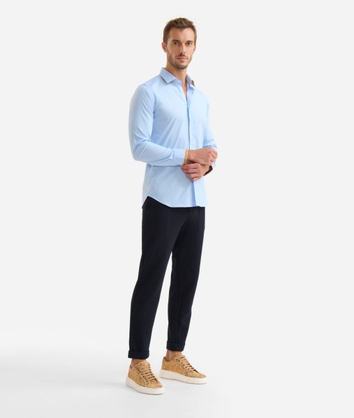 Alviero Martini Slim Fit Cotton Shirt With Geo Classic Sleeve Trim Light Blue Men High Quality Knitwears, Shirts & T-Shirts