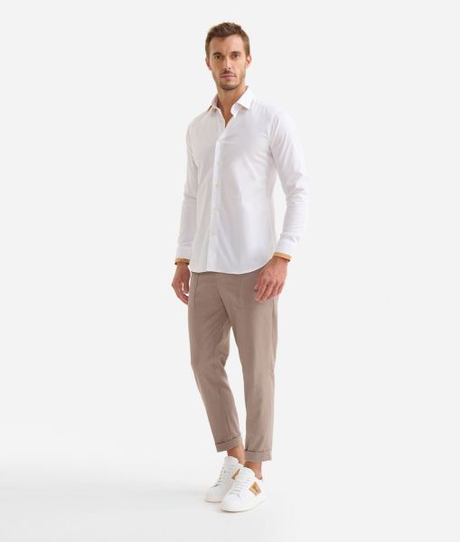 Slim Fit Cotton Shirt With Geo Classic Sleeve Trim White Alviero Martini Men Spacious Knitwears, Shirts & T-Shirts
