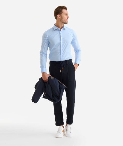 Men Alviero Martini Slim Fit Cotton Shirt With Patches Light Blue Custom Knitwears, Shirts & T-Shirts