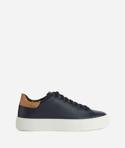 Men Grained Leather Sneakers With Faux Nappa Details Dark Blue Giveaway Sneakers & Ankle Boots Alviero Martini