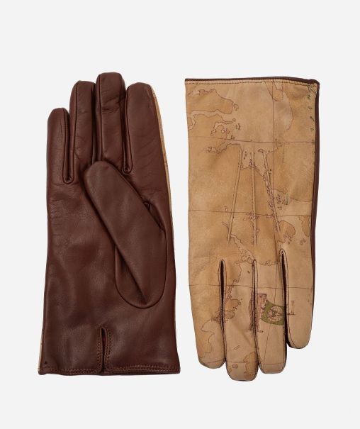 Resilient Scarves & Hats Alviero Martini Leather/Napa Leather Gloves With Geo Classic Print Coffee Men